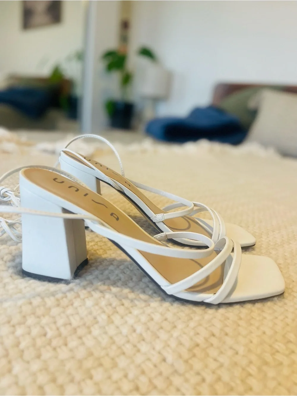 Unisa Women’s White Strappy Square-Toe Lace-Up Heels